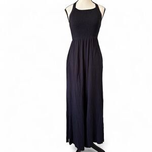 Rag Poets Women's Black Smocked Halter Jumpsuit Relaxed Flowy Silhouette Fit, S